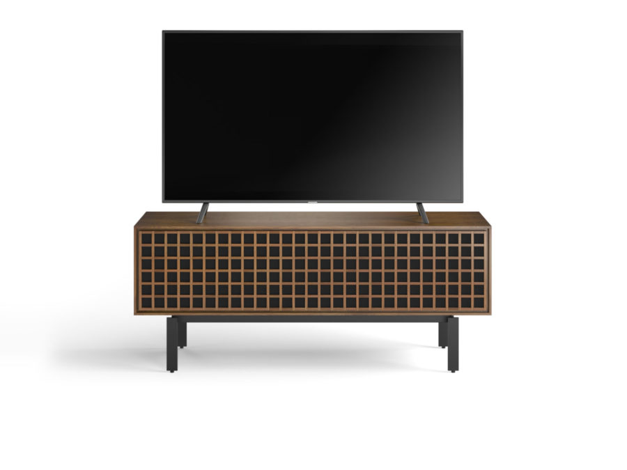 Interval 66 Media Cabinet 7247 BDI Natural Walnut - front view with TV