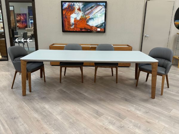 Bontempi-Versus Dining Table 20.54 - matt light grey glass top and walnut legs showroom view 1