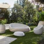 Vondom - STONE collection showing sofa, lounge chair, coffee table, and various planters