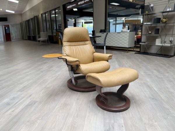 Stressless Sunrise Classic S recliner in Paloma Almond leather and Brown Base