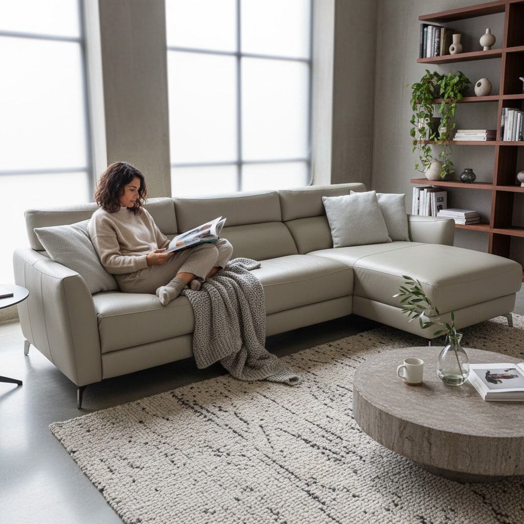 Natuzzi Italia Stan Power sofa with Chaise Cement - in use