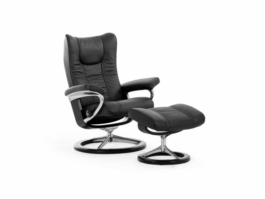 Stressless Wing Signature Recliner with Ottoman Matte Black Wenge Base Teal Blue Paloma Leather