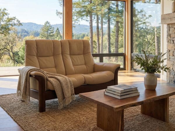 Stressless Buckingham loveseat high-back 2 seat sofa Paloma Sand Leather Brown wood