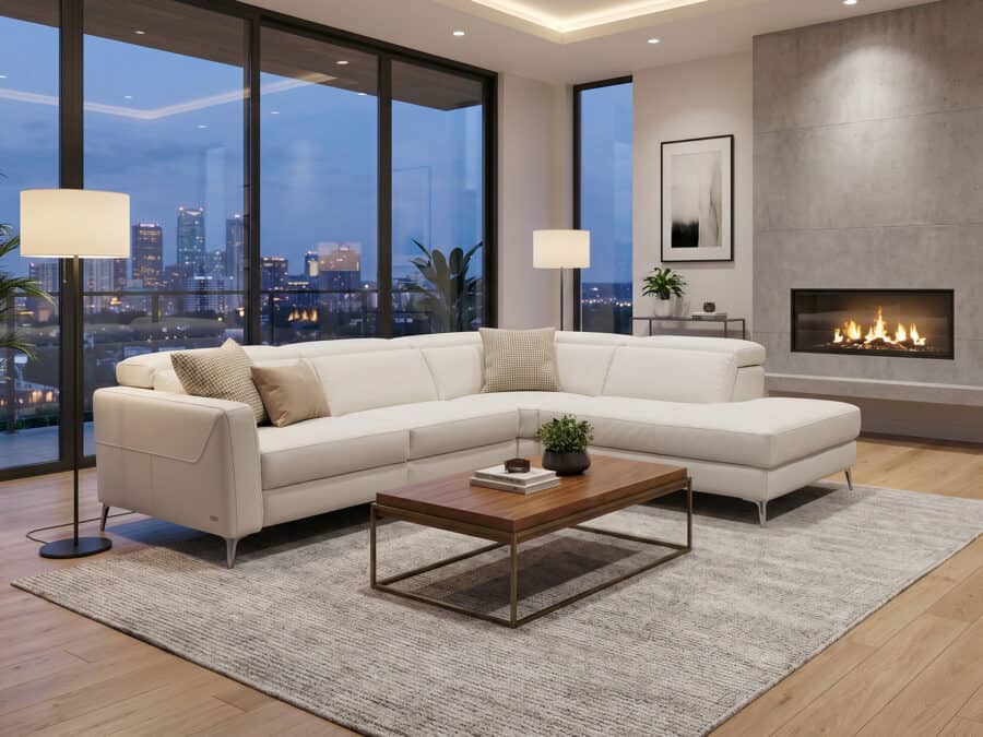 Modern living room with white sectional sofa and large windows overlooking the city skyline.